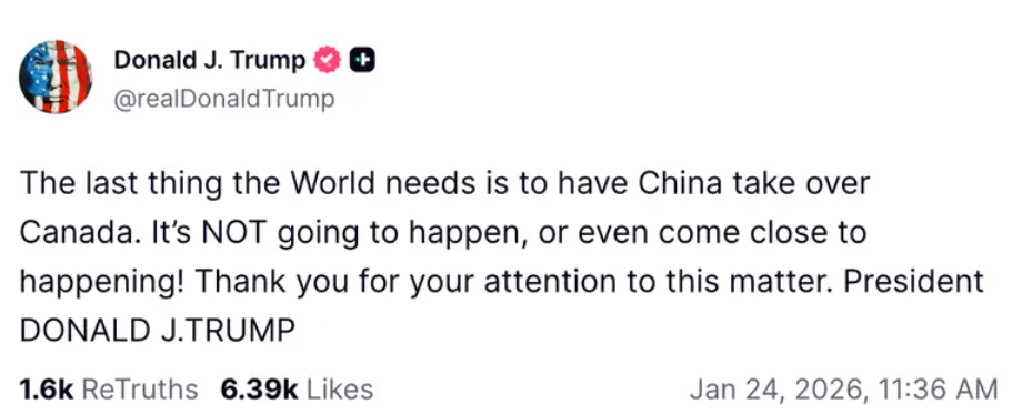 Capture decran 2026 01 24 155248 Tarifs de 100 % : Donald Trump d&eacute;clare la guerre commerciale au Canada, voici pourquoi