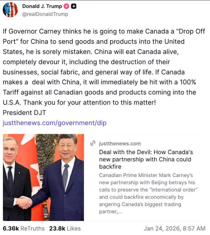 Capture decran 2026 01 24 155257 Tarifs de 100 % : Donald Trump d&eacute;clare la guerre commerciale au Canada, voici pourquoi