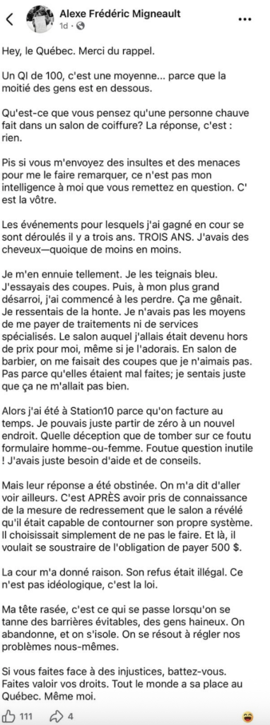 Capture le 2026 02 26 a 05.24.40 500 $ "salon de coiffure" pour discrimination : Alexe Fr&eacute;d&eacute;ric Migneault brise le silence