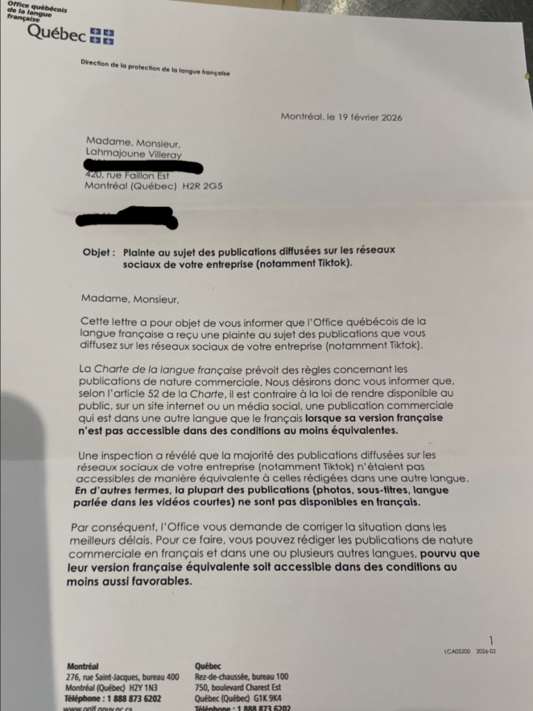 Capture le 2026 02 28 a 10.51.18 L&rsquo;OQLF vise un resto de Montr&eacute;al pour ses publications