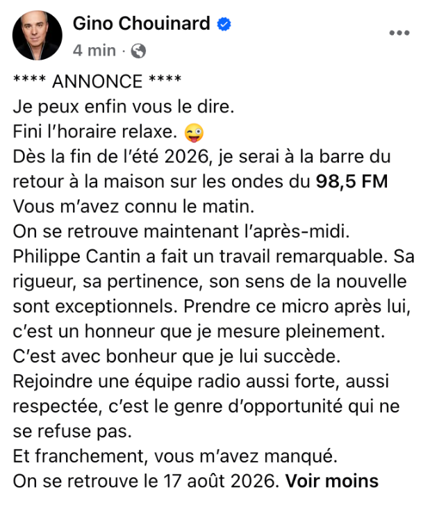 Capture decran 2026 04 22 113957 Gino Chouinard d&eacute;barque au 98,5 FM : Philippe Cantin quitte son poste
