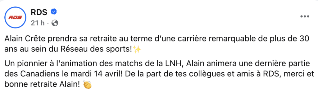 Capture le 2026 04 10 a 10.54.22 C&rsquo;est la fin pour Alain Cr&ecirc;te &agrave; RDS : apr&egrave;s 30 ans de passion, les messages sont touchants en commentaires