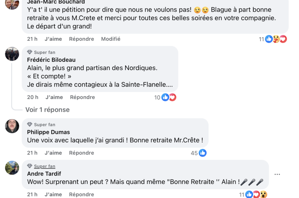 Capture le 2026 04 10 a 10.54.49 C&rsquo;est la fin pour Alain Cr&ecirc;te &agrave; RDS : apr&egrave;s 30 ans de passion, les messages sont touchants en commentaires
