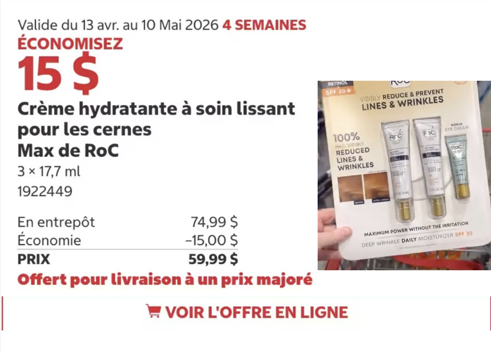 Capture le 2026 04 17 a 00.16.09 &laquo; Aubaine beaut&eacute; majeure : un ensemble de cr&egrave;mes au r&eacute;tinol RoC est 54 % moins cher chez Costco qu'en pharmacie. &raquo;