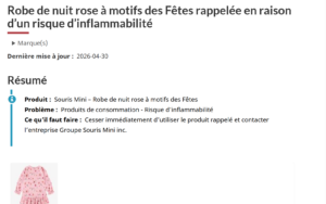 Capture decran 2026 05 01 120501 Alerte majeure : Sant&eacute; Canada lance un avertissement s&eacute;v&egrave;re ne mettez plus cette robe &agrave; votre enfant