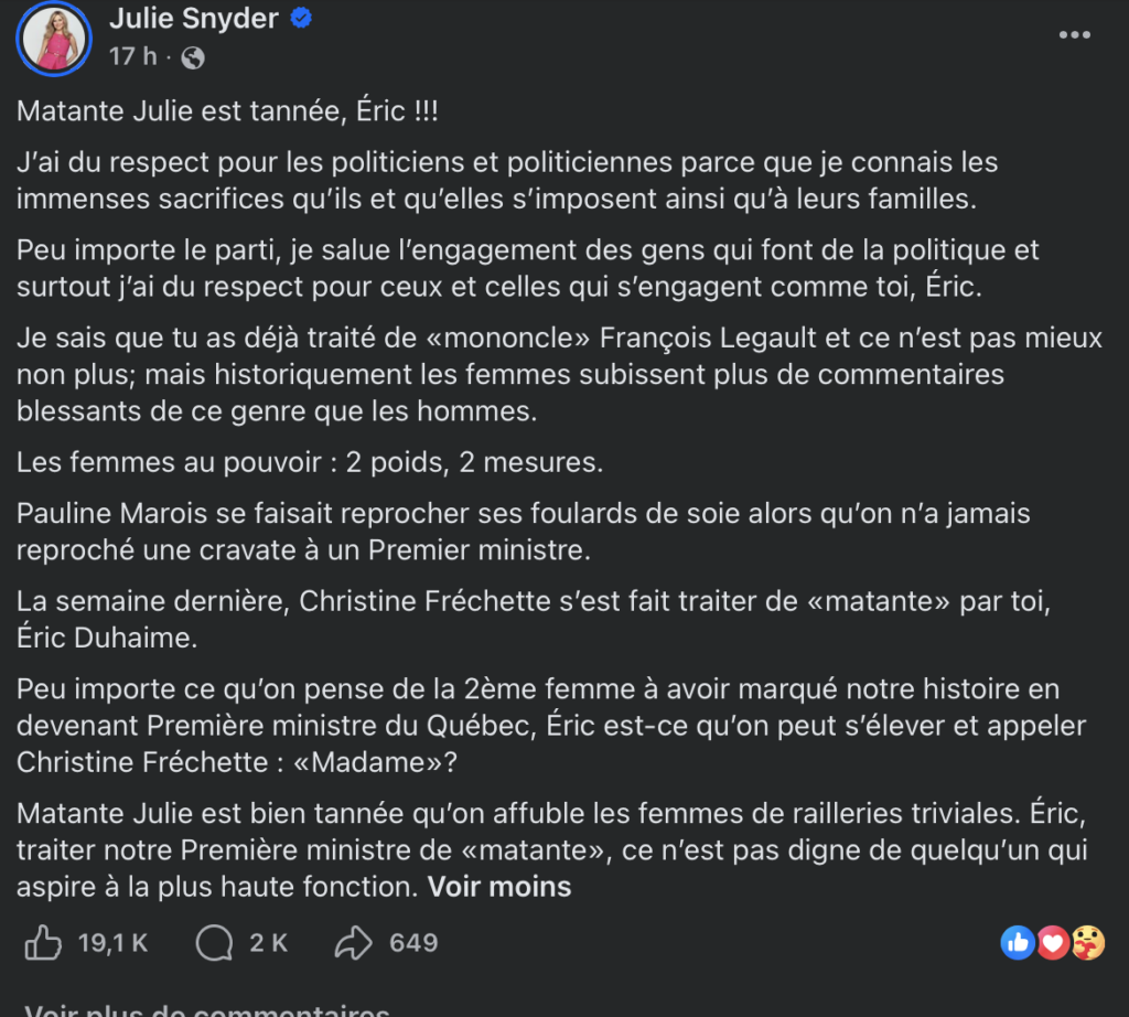 Capture le 2026 06 04 a 08.02.58 Julie Snyder s'en prend &agrave; &Eacute;ric Duhaime : Une pluie de commentaires envahit les r&eacute;seaux sociaux
