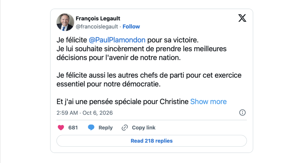 Défaite historique de la CAQ : François Legault brise le silence et commet une coquille hilarante ! 2 Défaite historique de la CAQ : François Legault brise le silence et commet une coquille hilarante ! Capture le 2026 10 06 a 14.23.03 Défaite historique de la CAQ : François Legault brise le silence et commet une coquille hilarante !